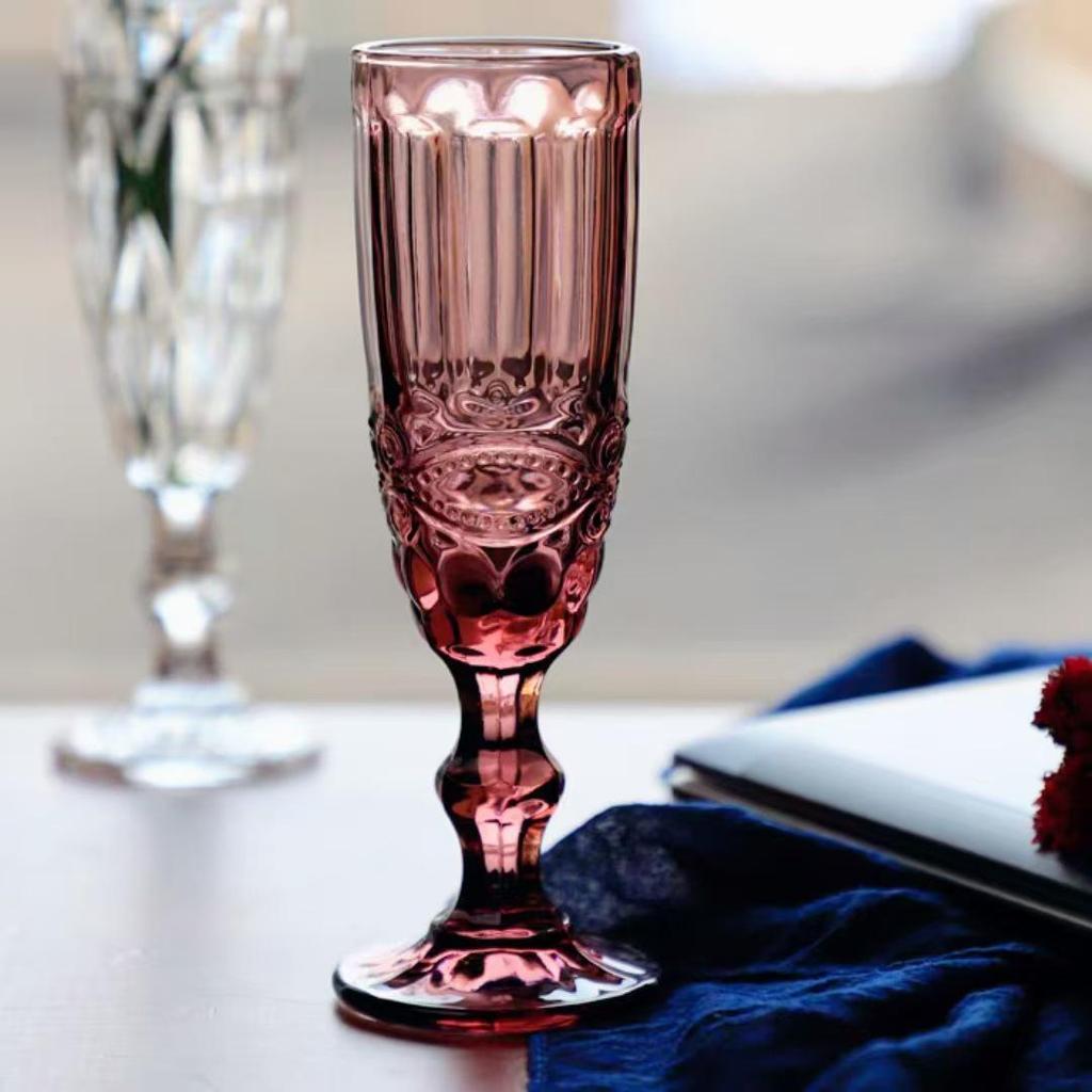Vintage Tall-Stemmed Champagne and Wine Glasses, Embossed Thickened Juice Cups, Retro Cocktail Style