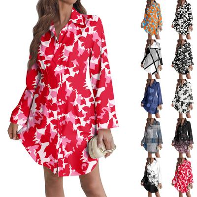 Women's Loose-fitting V-neck Long-sleeved Dress Print Work Shirt Dress