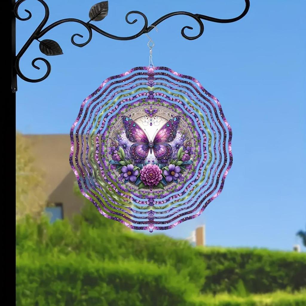 10-Inch Purple Butterfly Wind Spinner - 2D Laser-Cut Metal Garden Art with Geometric Design, 360° Rotating Hook for Indoor/Outdoor Decor