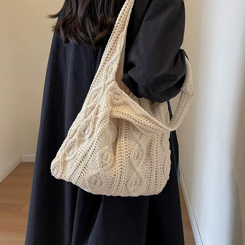 Lazy Wind Twist Knitted Wool Bag Women's 2025 New Retro Niche Shoulder Bag Simple Commuter Tote Bag