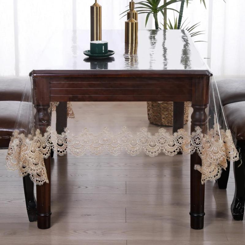 Transparent PVC Tablecloth Waterproof, Oil Proof Clear Coffee Table Table Mat Washable and Non Slip Tablecloth Lace Edge