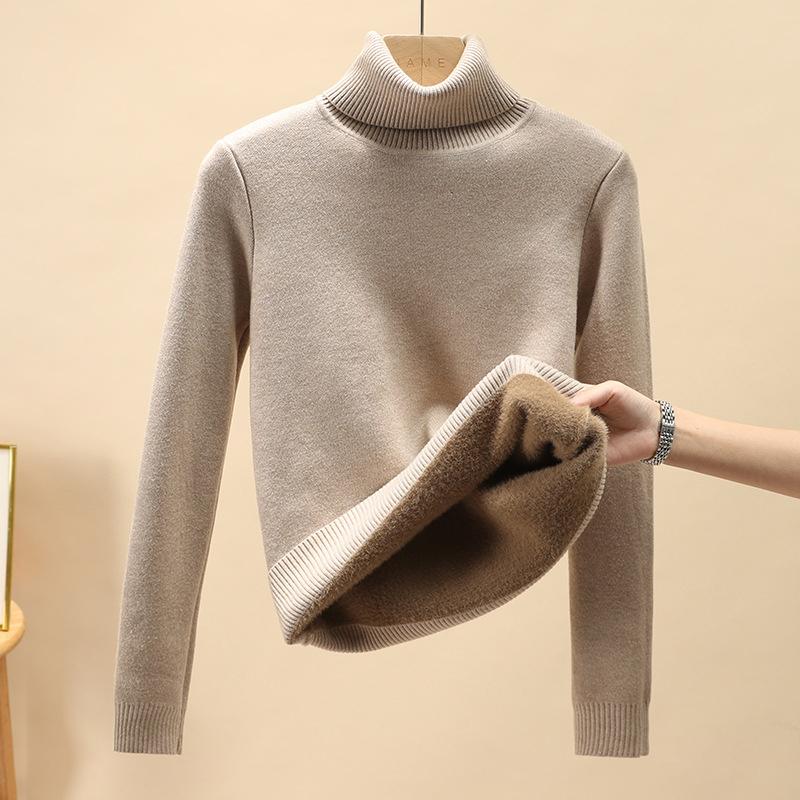 

Solid Color Turtleneck Plus Velvet Pullover Sweater Women All-Match Soft Thick Knitted Inner Outwear Women Sweater хаки
