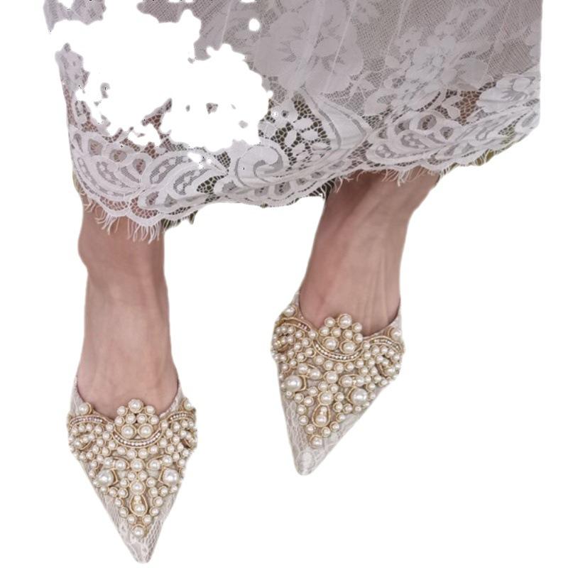 Fashion Elegant Pearl Beaded Slippers Women Brides Wedding Shoes Closed Pointed Toe Flat Sandals Ladies Home Pantuflas Lace Mules Slides