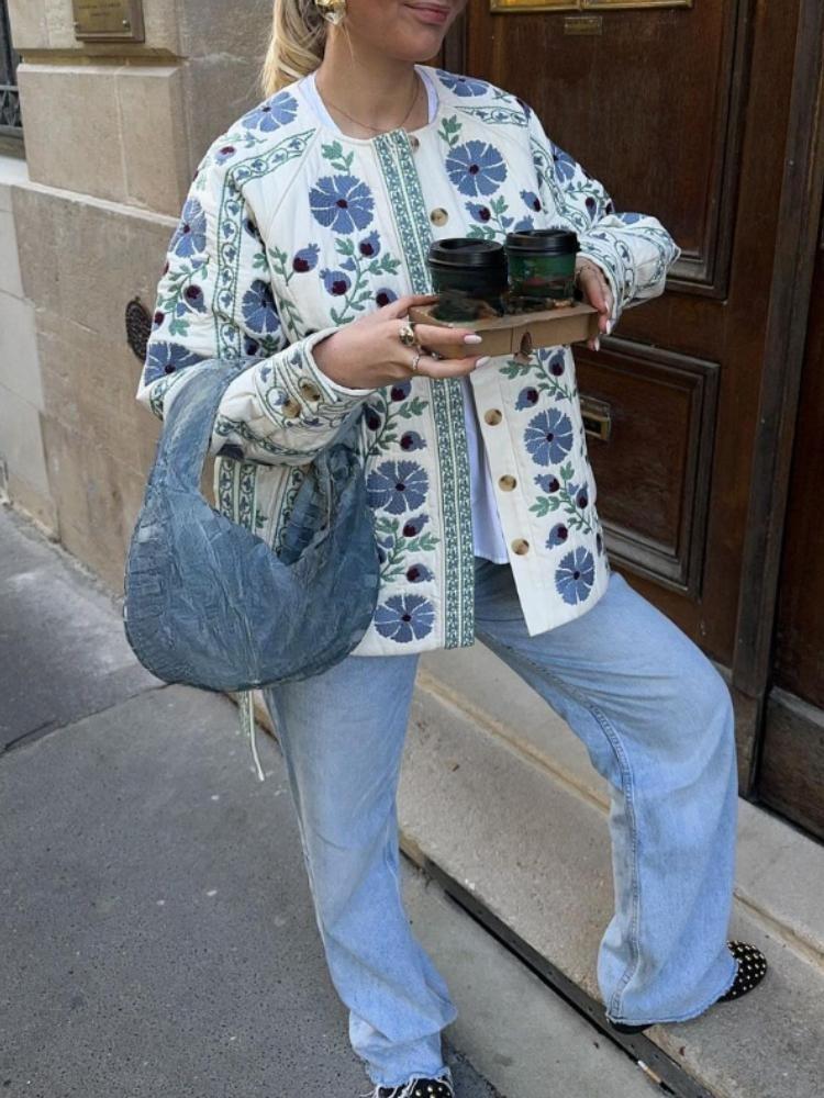 Elegant Women Cotton Jacket Floral Print Belted Coat Autumn Winter Fashion Long Sleeves Single Breasted O Neck Streetwear New Lady Outerwear