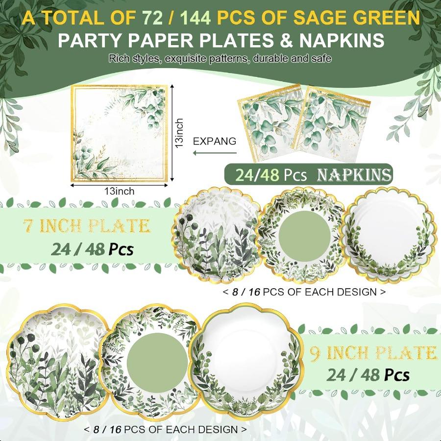 72 Pcs Sage Green Party Decorations Tableware for 24 Guests Sage Green Plates and Napkins Sets Disposable Decor Dinnerware for