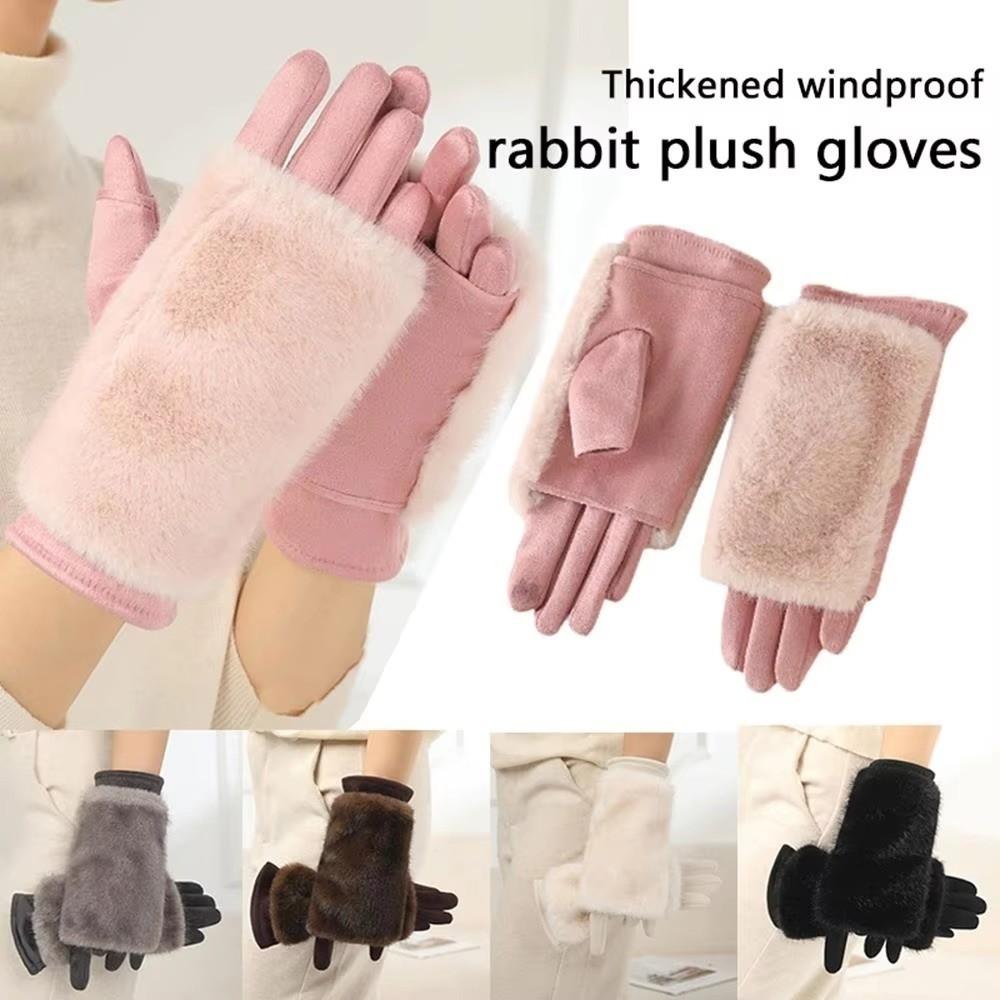 Solid Color Women Winter Gloves Rabbit Faux Fur Thermal Mittens Fashion Suede Gloves Girl