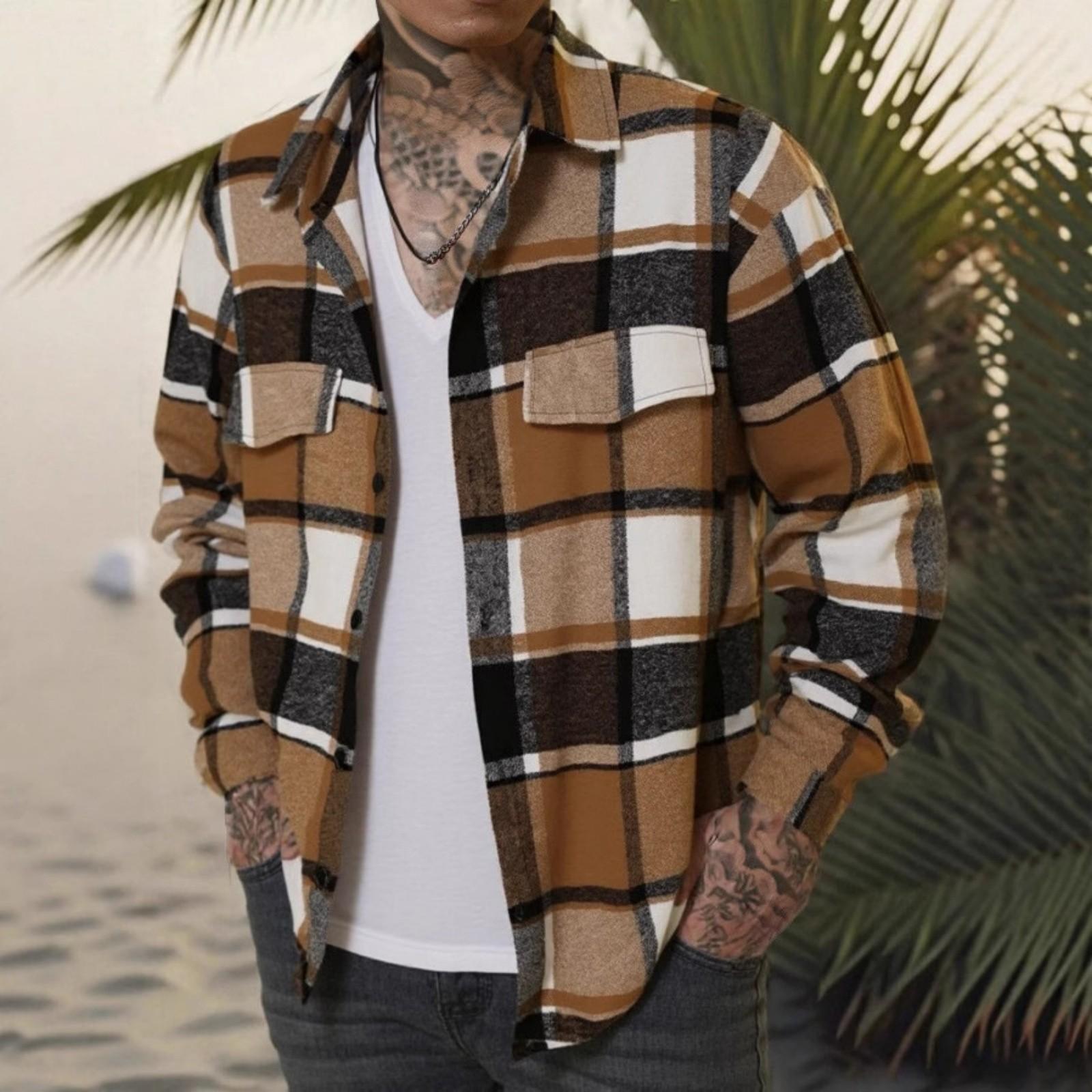 

Мужская повседневная рубашка с длинным рукавом - Клетчатая с отложным воротником, двумя карманами, на пуговицах, универсальная нарядная рубашка XL