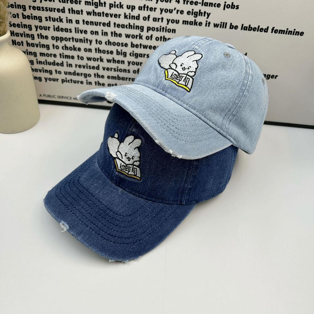 Cute Cartoon Rabbit Baseball Cap Men and Women Washed Denim Couple Soft Top Big Head Curved Brim Cap Men
