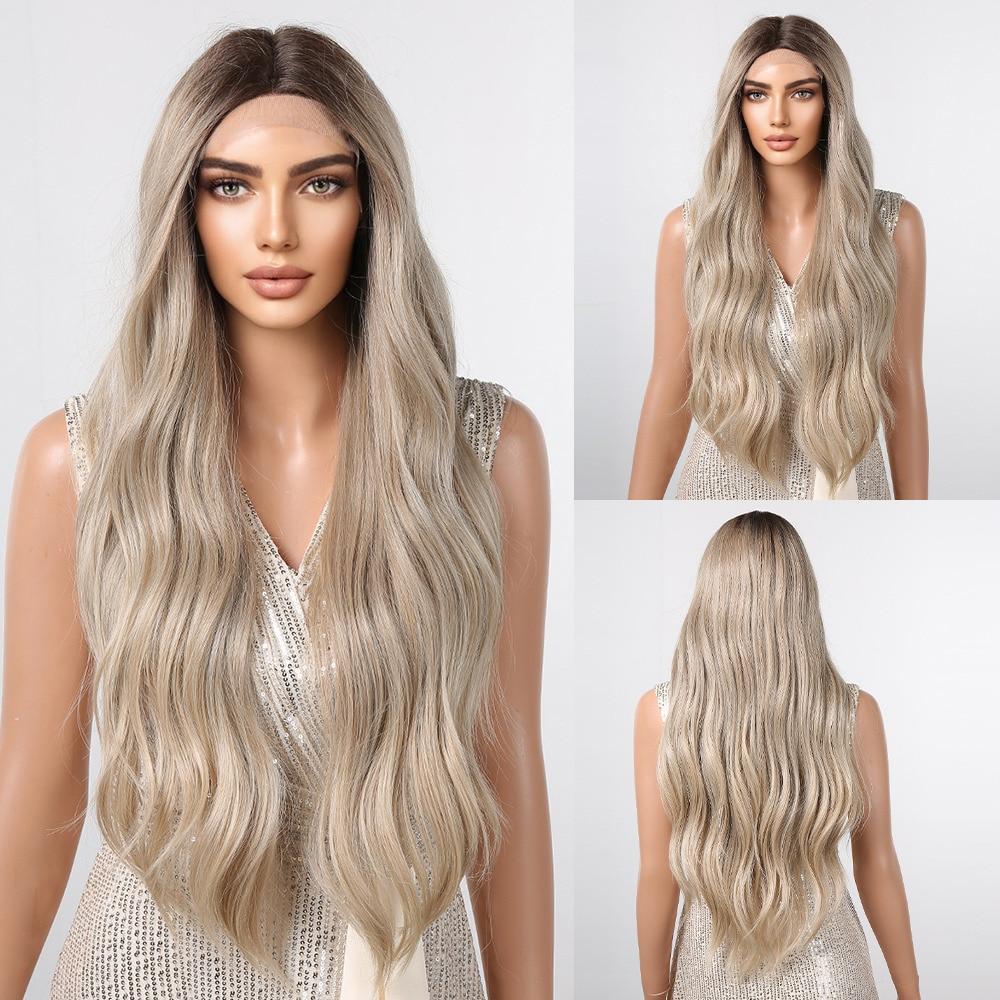 LOUIS FERRE Brown Blonde Ombre Synthetic Lace Front Wig Long Straight Fake Hair Wig for Women Daily Cosplay Lace Wig With Bangs
