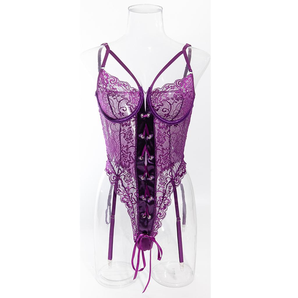 Purple Floral Lace Garter Lingerie Set Bodysuit Women Intimates Underwire Bra And Thongs Ladies Underwear Set