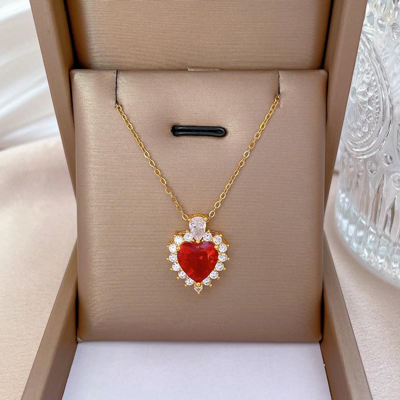 Elegant Vintage Ruby Heart Pendant Necklace and Versatile Women s Earring  Ring Set