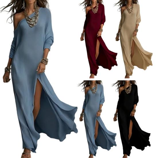 Damen One-Shoulder Maxikleid mit hohem Schlitz Langarm Locker Fließend Strand Sommerkleid Lässig Reise Urlaub Gestricktes Langes Kleid