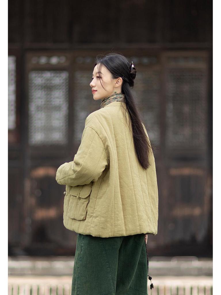 Silent Recitation: Women's Retro Quilted Vertical Stripe Cotton Jacket with Stand-up Collar and Frog Buttons