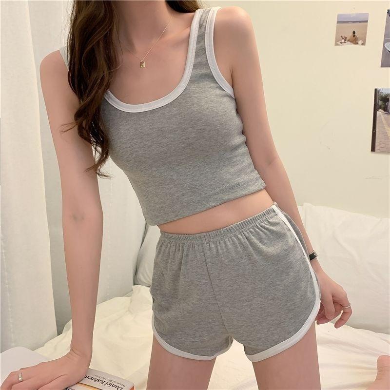 Sommer Top und Shorts Set für Damen Lässig Schlankmachend Kurze Weste Weitbeinige Shorts Sport Ärmellos Klassischer Damenanzug