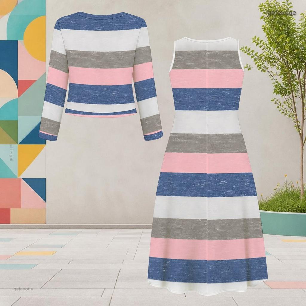 Women Plus Size Two Piece Dress Set Round Neck Long Sleeve Cropped Cardigan Sleeveless Printed White Dress