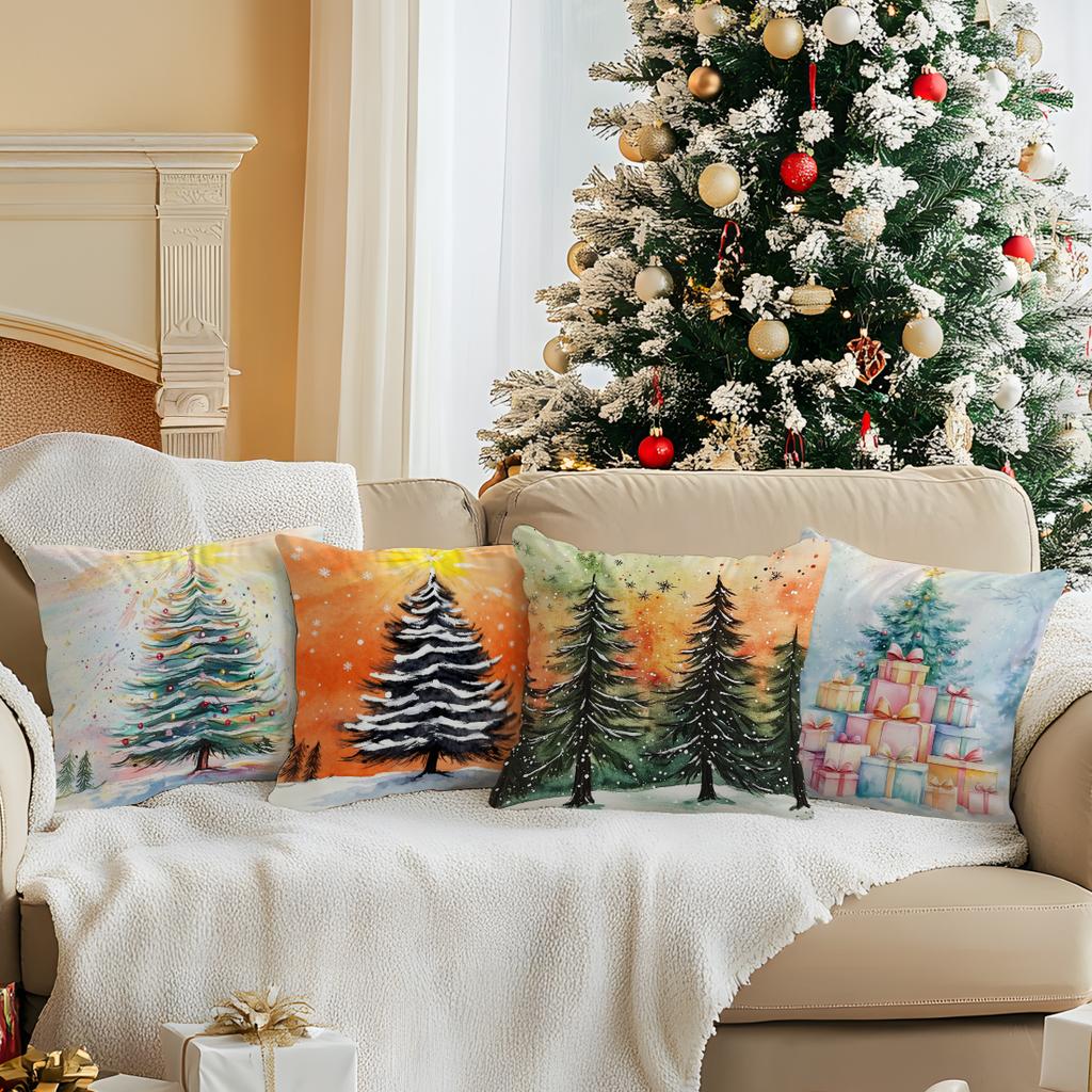 Watercolor Christmas Tree Illustration Pillowcase Bedroom Cushion Cover 100% Polyester Living Room Cushion Pillowcase Home Decor