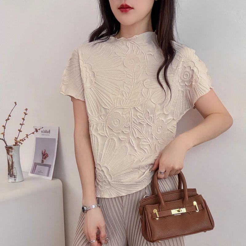 

Sanzhai Pleated Tops Women s Summer 2025 New Arrival Elastic Slim Fit Slimming Thin Embroidery Pleated Short Sleeves T-shirt