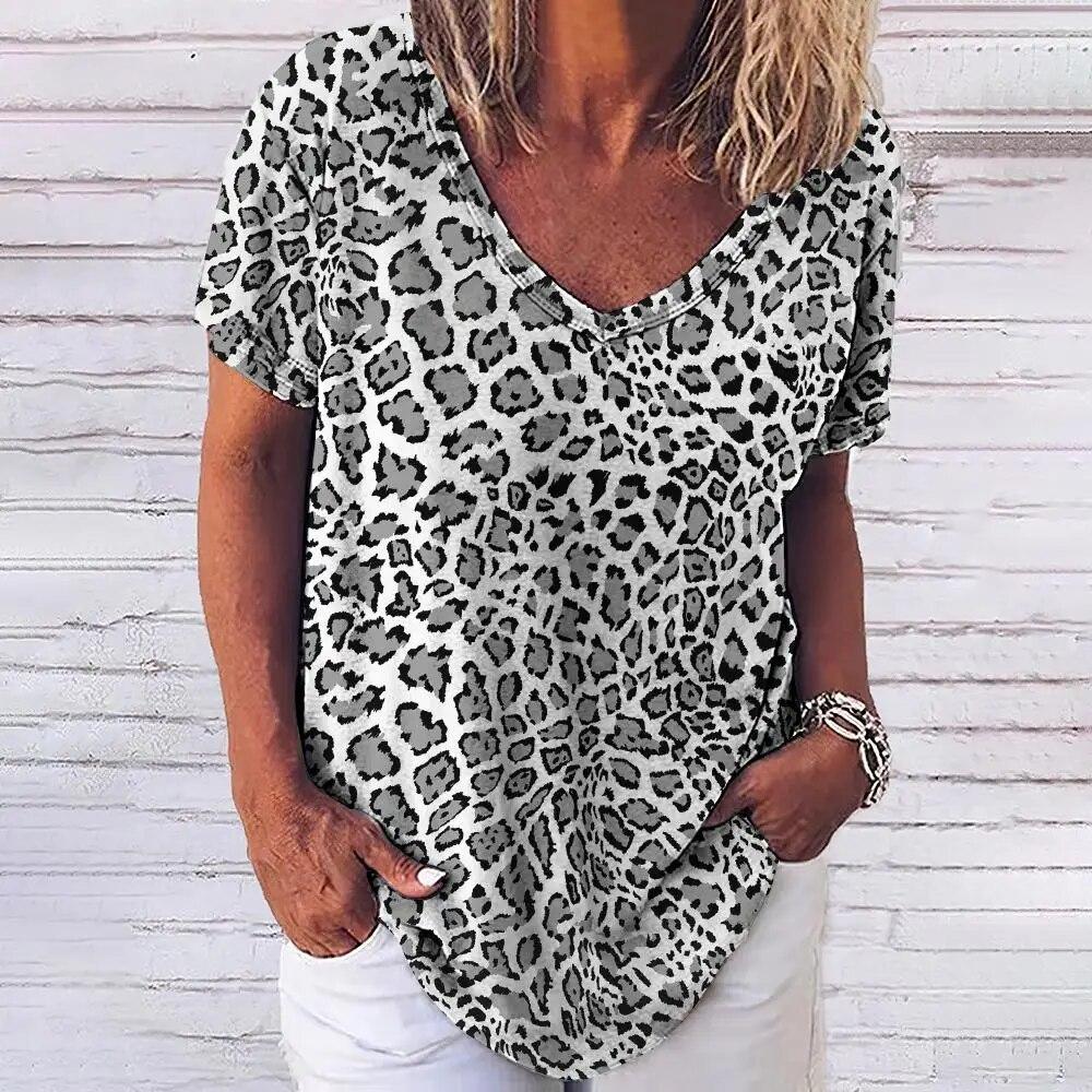 Dámske vintage tričko s leopardím vzorom Sexy dámske oblečenie V-výstrih Oversized krátky rukáv Letná voľná blúzka Bežné Streetwear