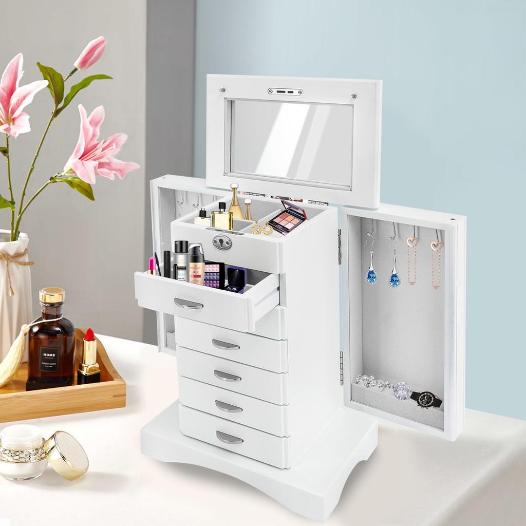 7 Layer Jewelry Organizer Box with Key Lock, White Retro Rectangular Jewelry Storage Case, Free-Standing Multi-Tier Jewelry Box