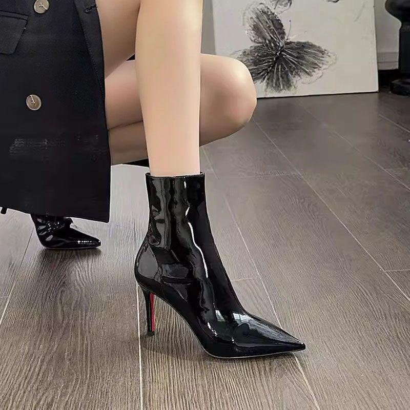 Women's Patent Leather Stiletto Heel Ankle Boots - Black, Pointed Toe, Red Sole, 2025 Autumn/Winter Collection