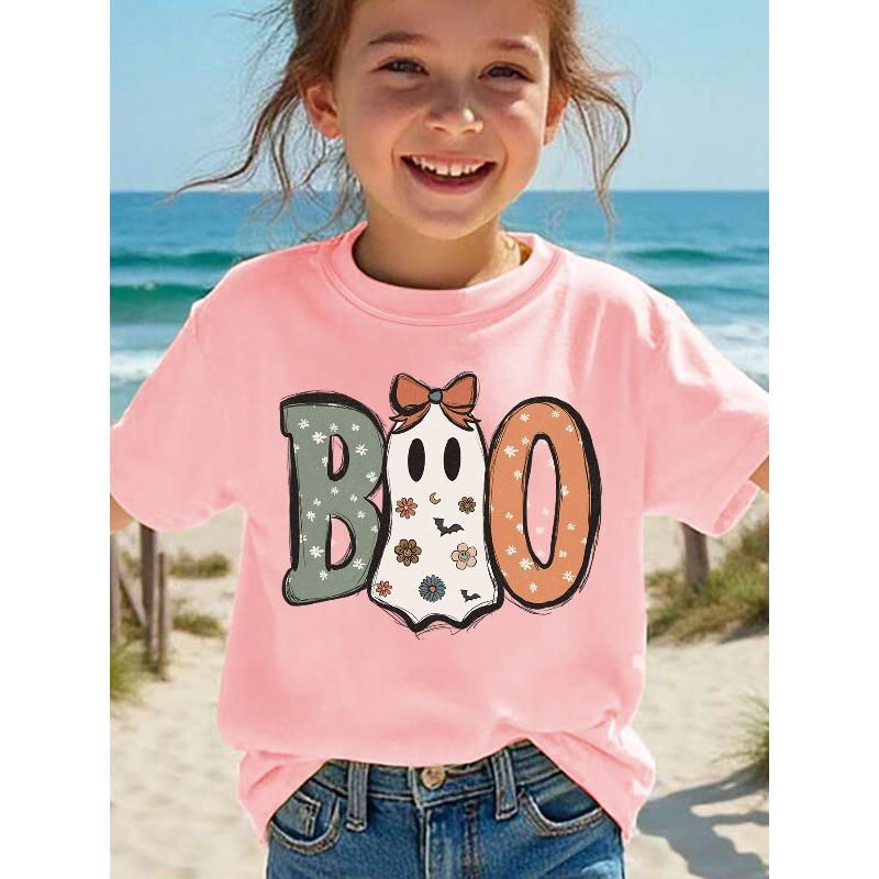 Girls Crew Neck Short Sleeve T-Shirt with Boo Halloween Ghost Letter & Cartoon Print