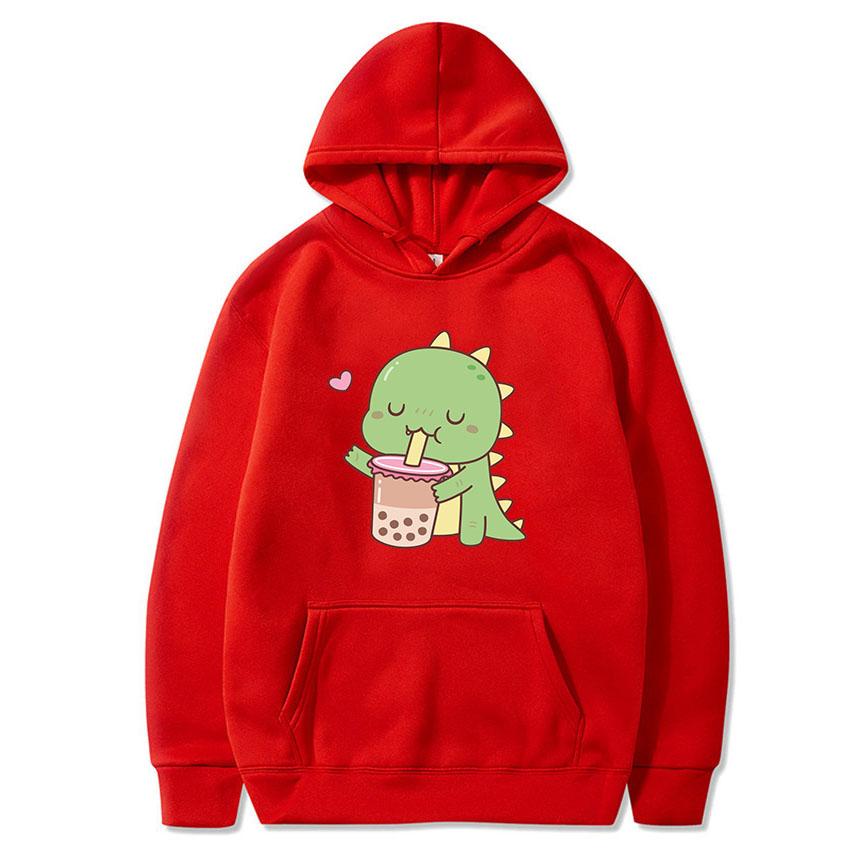 Bubble Tea Kawaii Dinosaur Print Hoodies 2021 Woman Man Autumn Hooded Clothes Milk Tea Pullover Female Hip Hop Casual Streetwear