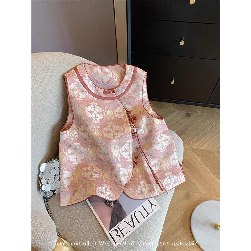 

Ранневесенний средний жилет, жилет с жаккардовой пряжкой, играющие золотые рыбки и лотос, женственный весенний диагональный жилет M [50kg or less recommended]