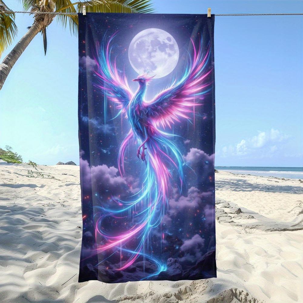 1 Stück Neon-Phönix Strandtuch Fantasy-Vogel-Druck Kosmisches Mond-Design Schnelltrocknend Weiche Mikrofaser Badetuch für Frauen Spirituelles Geschenk