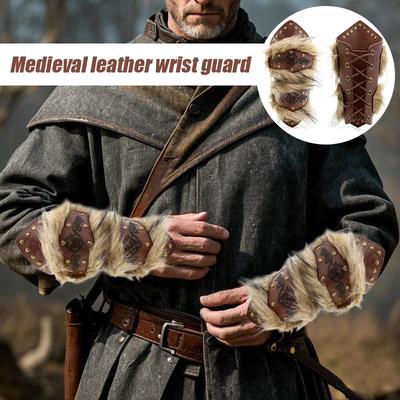 Steampunk Arm Guards Faux Leather Wrist Bracers with Fur Medieval Style Armor for Halloween Cosplay Costume Accessories
