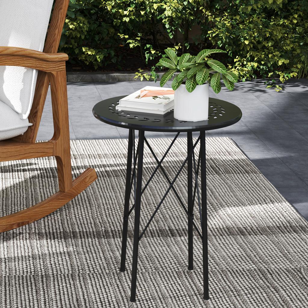 Tavolo da giardino, tavolo rotondo da patio con motivo floreale, acciaio, tavolo da bistrot per uso interno ed esterno, nero
