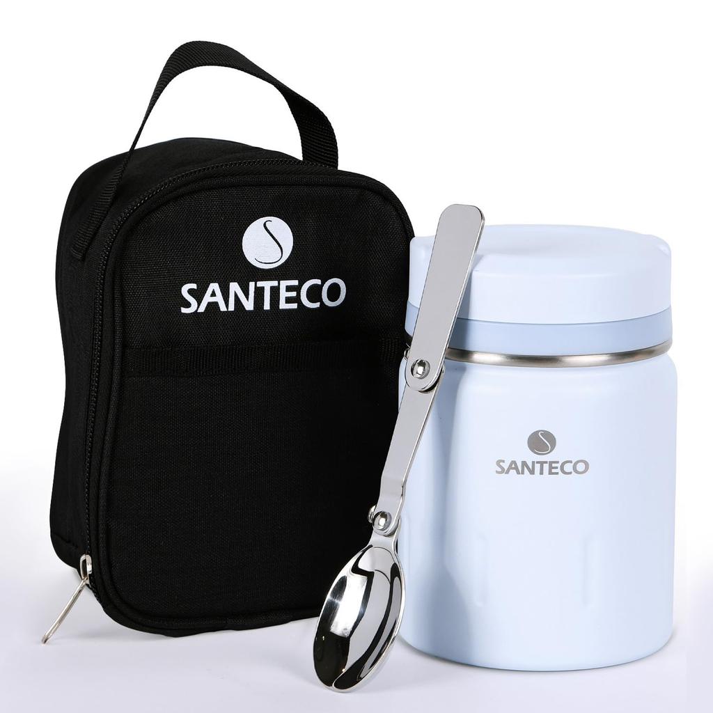SANTECO Vacuum Insulated Soup Wide Insulated Lunch and Dedicated Bag Perfect for Picnics and Club Light Blue Jar, 500ml, Mouth, Jar, Spoon, Included,