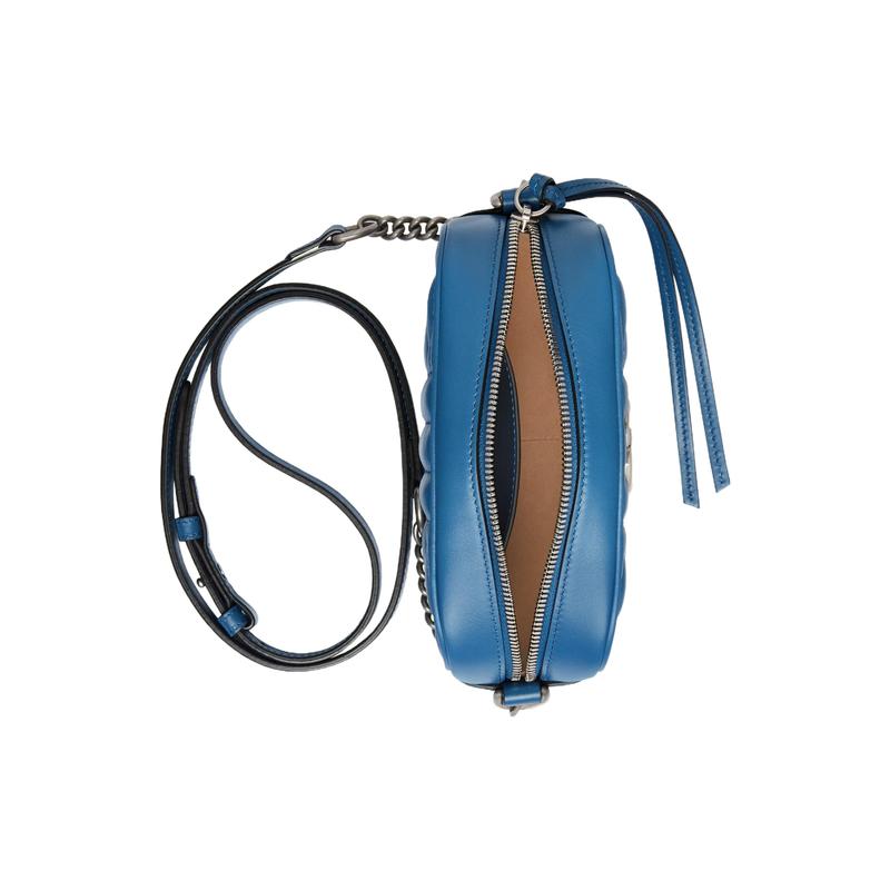 Gucci GG Marmont distressed Marmont silver logo vertical stripe twill quilted chain leather camera bag crossbody bag shoulder bag mini women's blue
