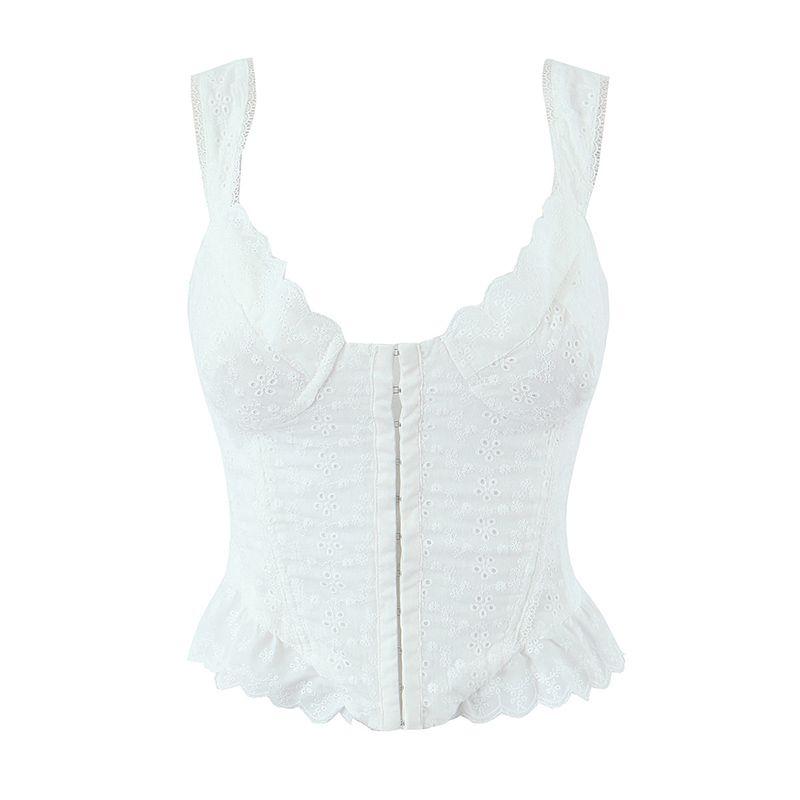 

Heart White Moonlight French Romantic Pure Desire Embroider Lace Fishbone Spaghetti-Strap Ruffle Long Skirt First Date Skirt Suit White sling L