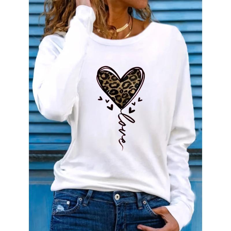 

Весенне-осенний топ с круглым вырезом, 3D-принтом в виде леопардового сердца, модные повседневные женские футболки с длинным рукавом L