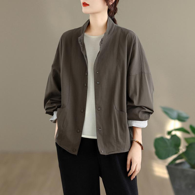 

2026 Women s Patchwork Striped Cuff Jacket: Early Autumn Stand Collar Short Coat XL сірий колір