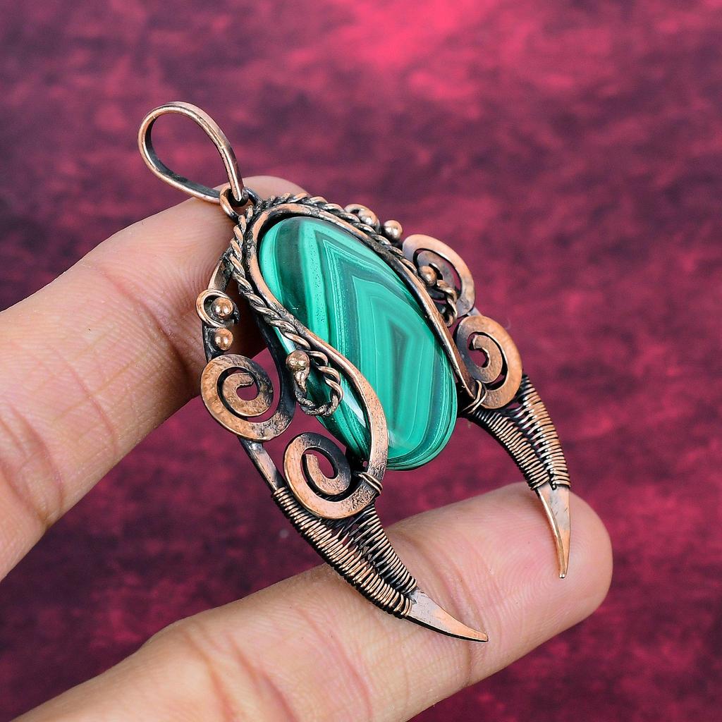 Malachite Pendant Genuine Gemstone Jewelry Copper Wire Wrapped Handmade Pendant
