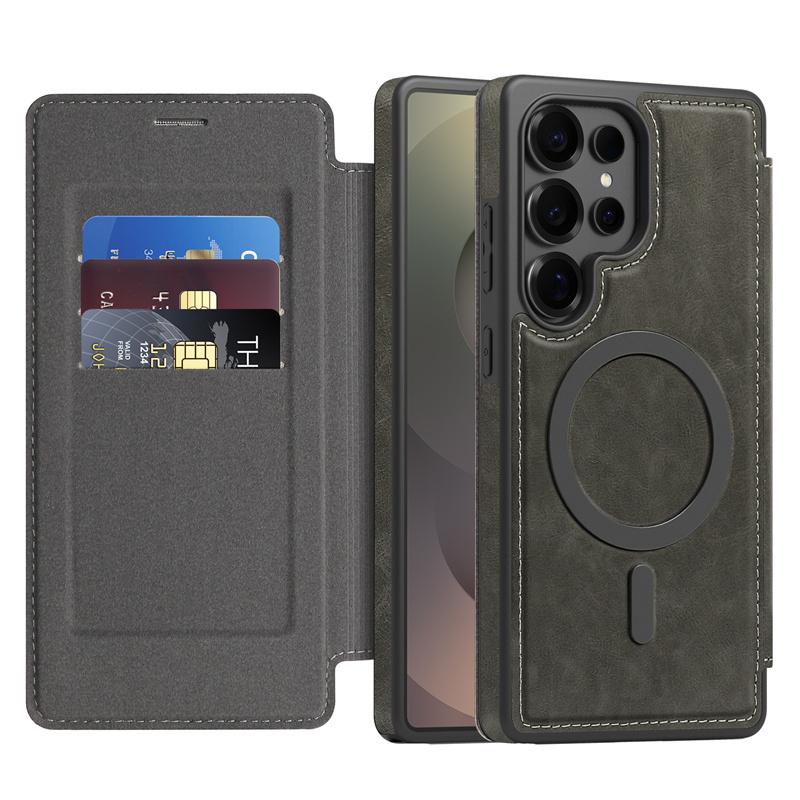 Luxury PU Leather Magnetic Flip Bracket Case For For Samsung Galaxy S22 S23 S24 S25 Ultra Plus For Magsafe Slot Wallet Protect Cover
