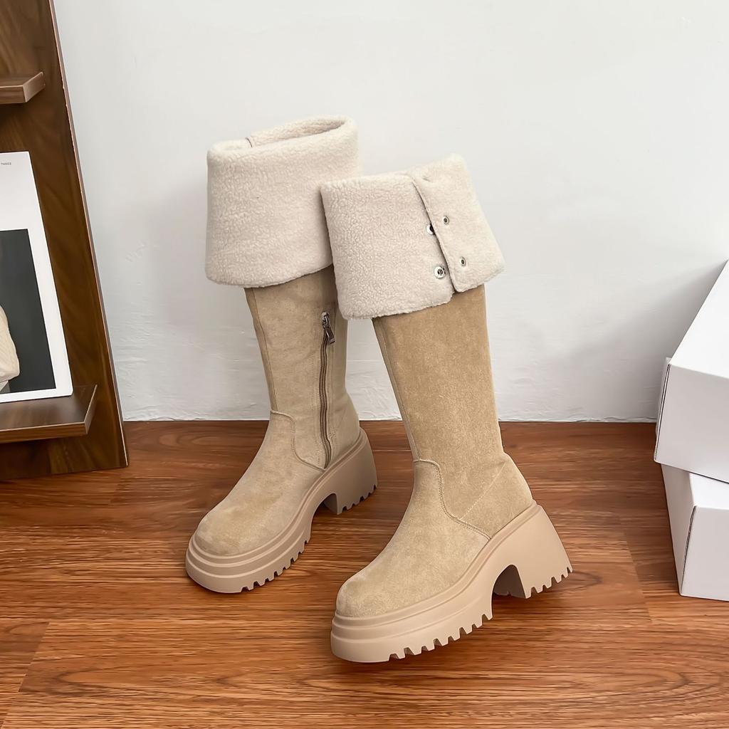 Snow boots long tube two wear thick fluff boots small man thick sole height increase fashion women's boots knee warm boots