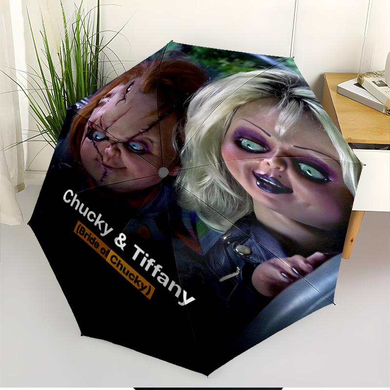 Bride of Chucky Print Automatic Open Close Umbrella, Portable Foldable Umbrella, for Outdoor Commute Camping Trip, Ideal Birthday Gift