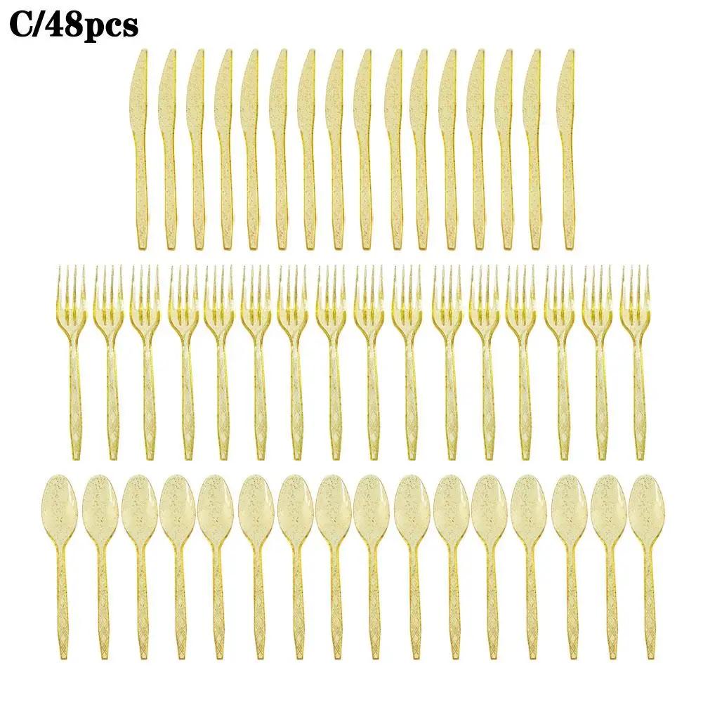 48pcs/Set Plastic Cutlery Spoons Forks Knife Flatware Reusable Tableware Disposable Plastic Tableware Knife, Fork And Spoon