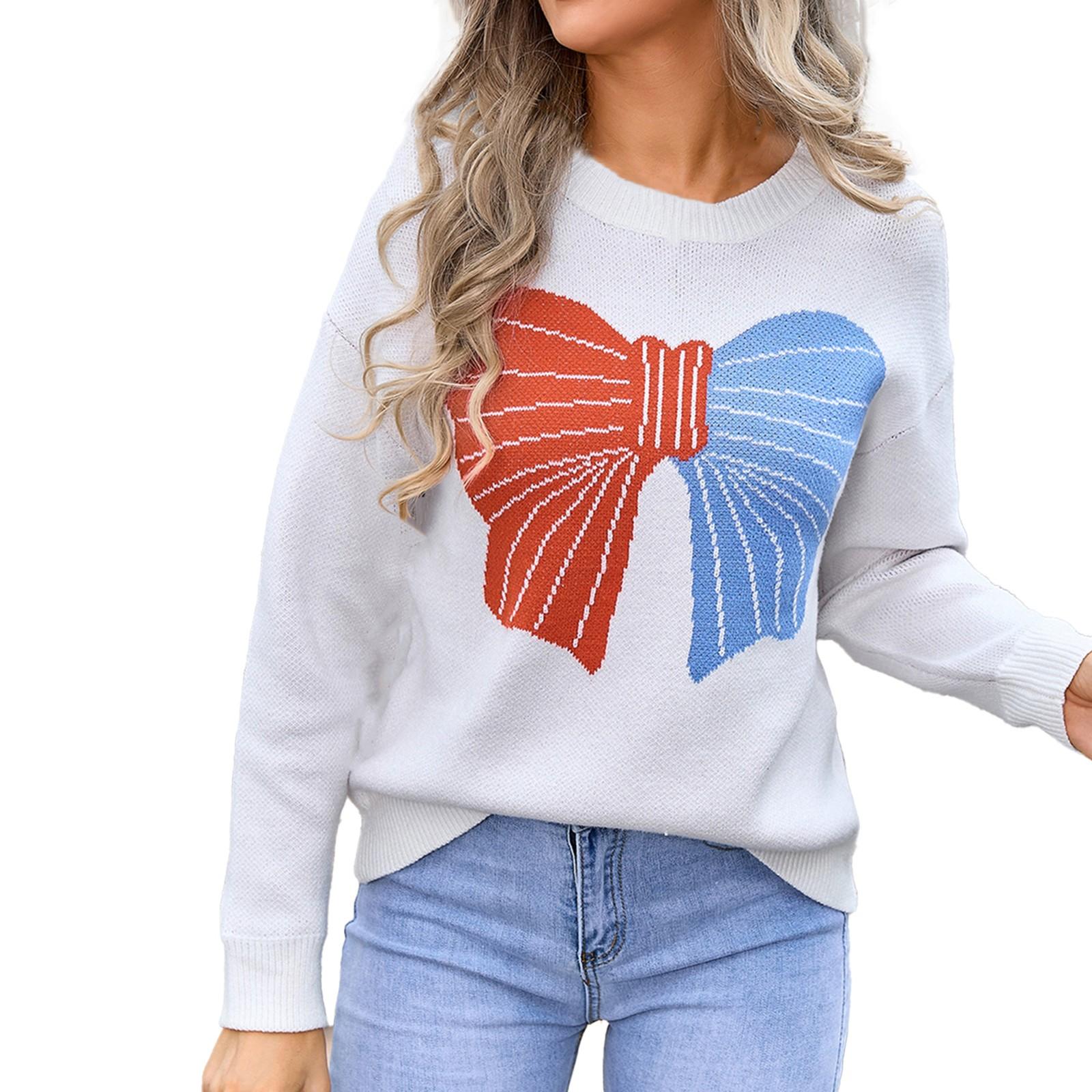 

Женский повседневный модный удобный пуловер с круглым вырезом контрастного цвета с бантом и длинным рукавом уличный тренд вязаный свитер M белый