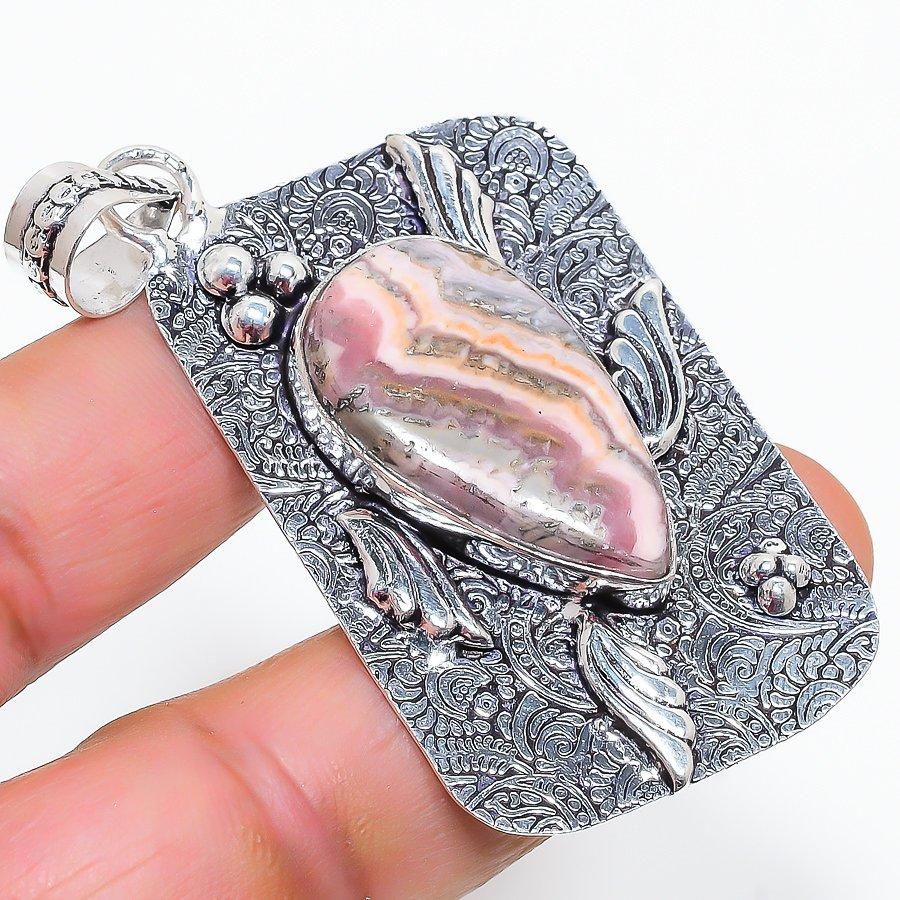 Rhodochrosite Gemstone Handmade 925 Sterling Silver Jewelry Pendant 2.56" SU-3817