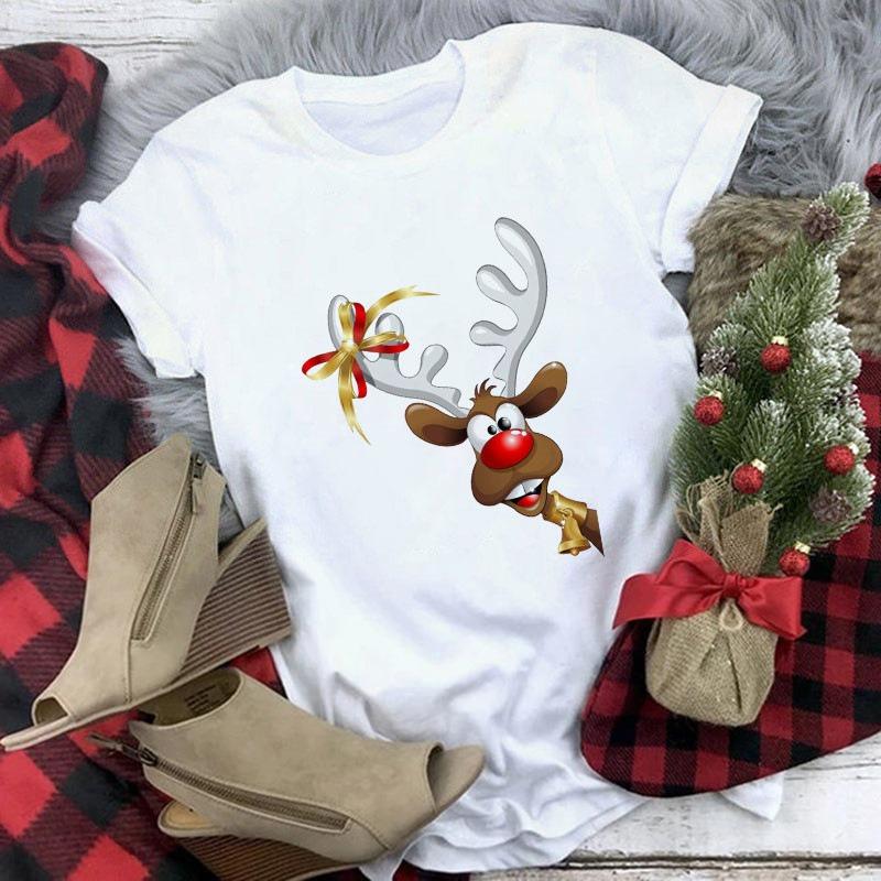 Santa Claus Christmas New Year holiday pattern T-shirt top women's fashion clothing women's short sleeved T-shirt