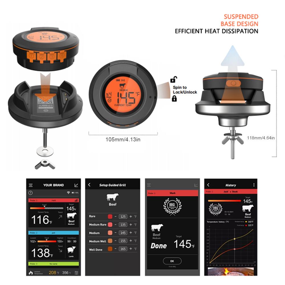 Wireless Meat Thermometer with 2 Probes 164FT  4.2 APP Control IP64 Waterproof Meat Thermometer for Smoker Oven Removable Smart BBQ Grill Thermometer