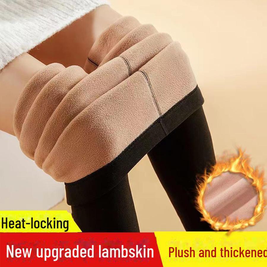 Women's Camel Wool High-Waist Leggings - Warm Lambskin, Plus Velvet, Thickened, Large Sizes for Autumn/Winter.