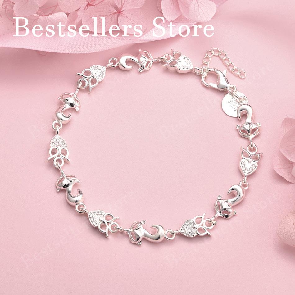 Braccialetto 925 argento sterling con ciondoli, 8 pollici, volpe cuore carino, per moda donna, regali per feste e accessori
