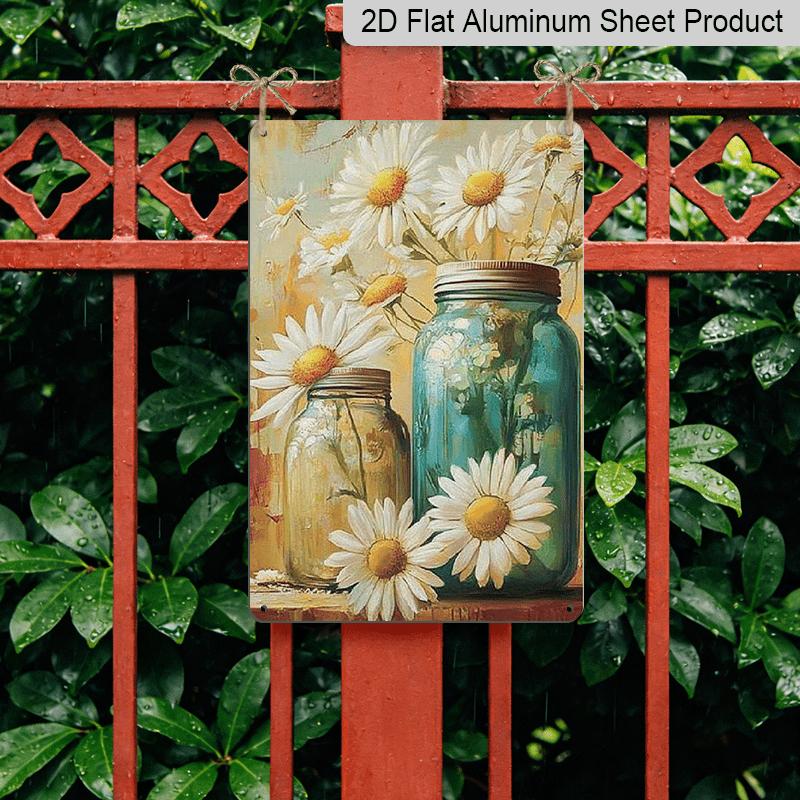 2D Flat Rustic Vintage Daisy Flowers Metal Tin Sign in Mason Jar, 8x12 Inches – Farmhouse Wall Art for Kitchen, Pantry, Living Room, Perfect for