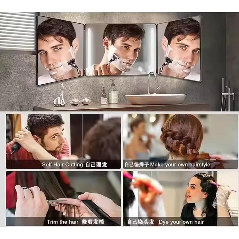 Trifold LED Mirror Self Haircut Makeup Mirror With Light Adjustable Height 3 Way Self Haircut Mirror Hd Glass 3 Way Mirror