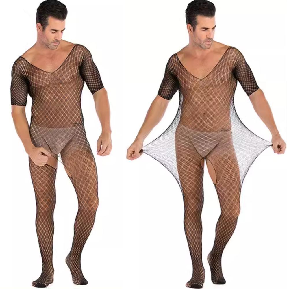 Men'S Sexy Underwear One-Piece Fishnet Full Body Stockings Gay Erotic Mesh Perspective Tight Lingerie Sissy Clothes Nightdress