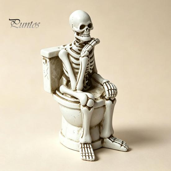 Miniature Skeleton Figure on Toilet Figurine, Funny Gothic Bathroom Statue, Spooky Aged Texture Figurine Halloween Resin Ornament for Home Office